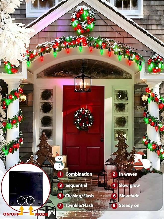 C6 Solar Christmas Lights Outdoor, 100 LED 33FT Christmas Decorations Outdoor Waterproof, Solar String Lights for Outside with 8 Modes, Fairy Twinkle Light for Tree Garden Yard Decor (Red and Green)