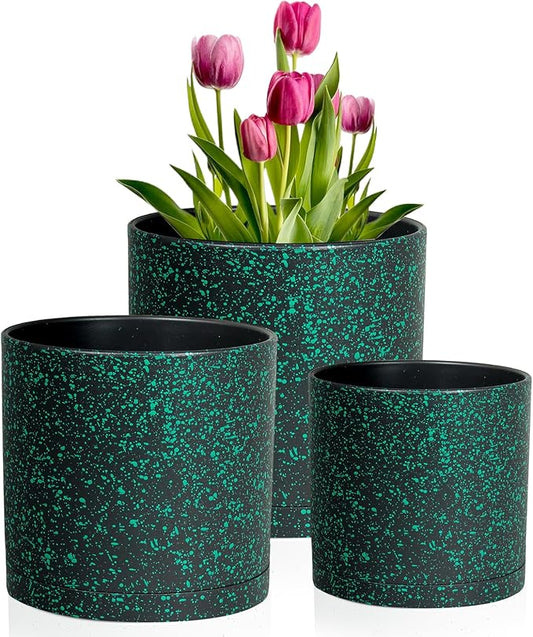 10/8/6 inch Large Deep Plant Pots for Outdoor Indoor Plants, 3 Pack Tall Cylinder Flower Pots, Plastic Planters with Drainage Holes and Saucers for Garden House, Black with Green Speckles