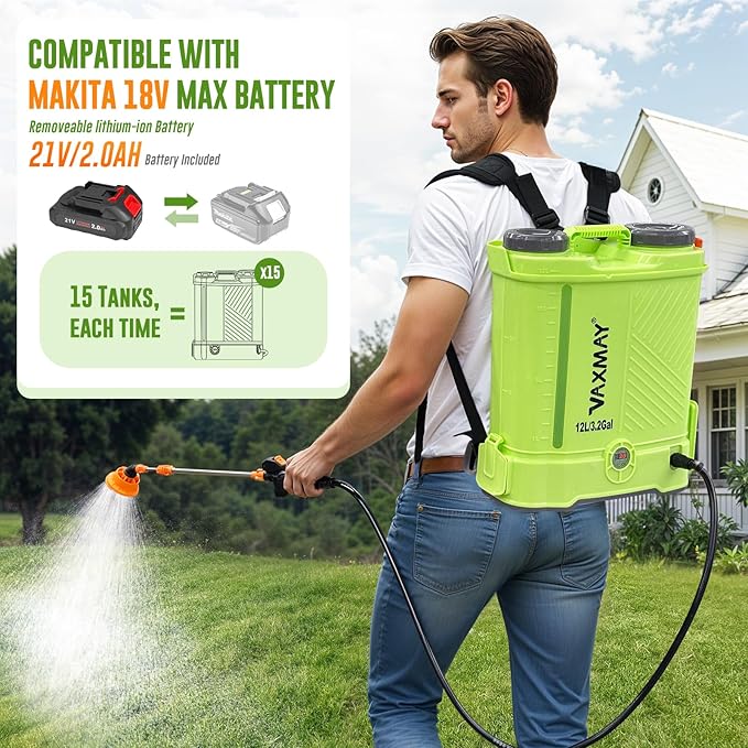 Battery Powered Backpack Sprayer 3.2 Gallon, VAXMAY 80 PSI Electric Graden Sprayer Works with Makita 18V Battery, Weed Lawn Sprayer with Telescopic Wand, 5 Nozzles, 2.0 Ah Battery & Charger Included