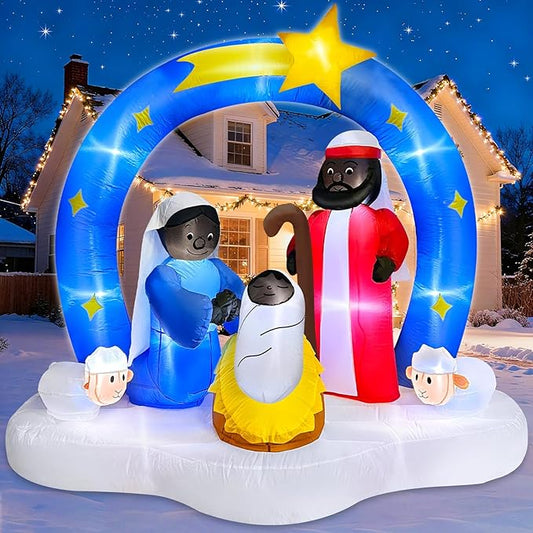 7 FT Christmas Inflatables African American Nativity Scene Outdoor Decorations, Bright LED Lights The Birth of Jesus Scene with Star Blow up Black Jesus Manger Set for Yard Garden Xmas Holiday Decor