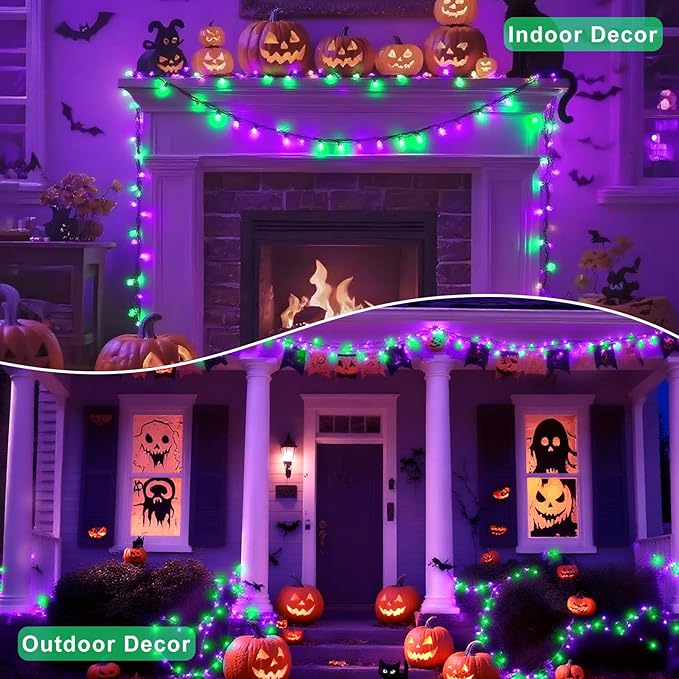 Connectable Purple and Green Halloween Lights, 2Pack 164ft 400LED 13 Modes String Lights Plug in, Twinkle Light with Timer Indoor/Outdoor for Tree Halloween Decorations Party