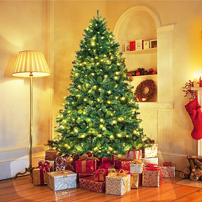 ERGOMASTER 7.5FT Pre-lit Artificial Christmas Tree with Lights, Fake Green Xmas Tree with 1346 Hinged Branch Tips, 400 LED Warm White Incandescent Lights & Foldable Metal Stand for Holiday Home Party