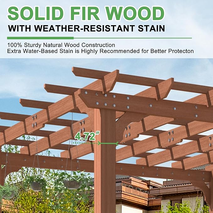 BlueWish 10'x10’ Outdoor Pergola, Patio Fir Wood Gazebo Outdoor Backyard Gazebo Pergola Kits with Slatted Roof Trellis & Stakes for Deck Grill Party Garden
