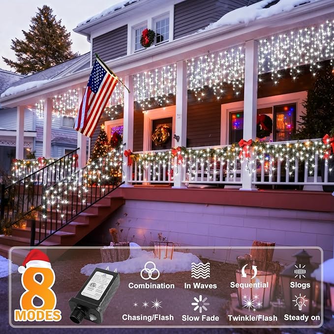 KNONEW 33FT 400 LED Christmas Lights Outdoor Black Wire String Lights with 75 Drops, 8 Lighting Modes, Timer Memory Function Connectable Hanging Curtain Lights for Halloween Party Decor (Cool White)