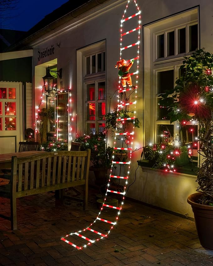 Toodour LED Christmas Lights - 10ft Christmas Decorative Ladder Lights with Santa Claus, Xmas Decorations Light for Indoor Outdoor, Window, Garden, Home, Wall, Xmas Tree Decor - White & Red