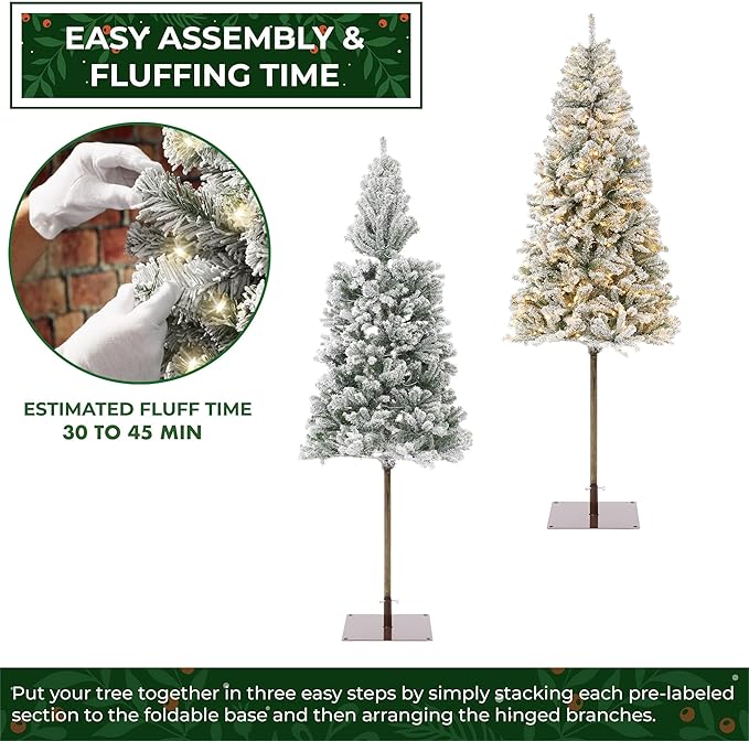 Casafield 6.5FT Pre-Lit Realistic Pencil Snow-Flocked Alpine Fir Artificial Holiday Christmas Tree with LED Lights and Metal Stand