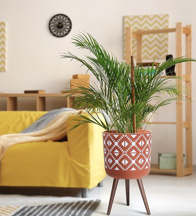 D'vine Dev 14 Inch Planter Pot with Stand, Mid-Century Tall Plant Pot with Legs for Indoor Plants, Pottery Red Terracotta/White, 88-G-D-5