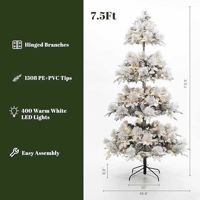 LuxenHome 7.5FT Flocked Artificial Christmas Tree, Slender Prelit Christmas Trees with 400 Warm White LED Lights, 1508 PE+PVC Tips, Xmas Tree Holiday Decor