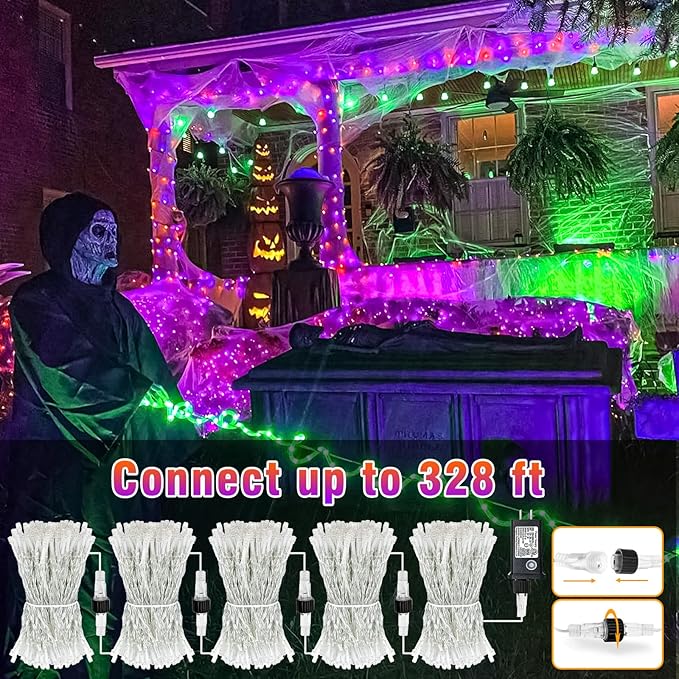 66FT 200 LED Outdoor String Lights, Orange & Purple Halloween Lights Waterproof with 8 Modes, Connectable Clear Wire Twinkle Light for Indoor Bedroom Tree Patio Garden Party Decorations