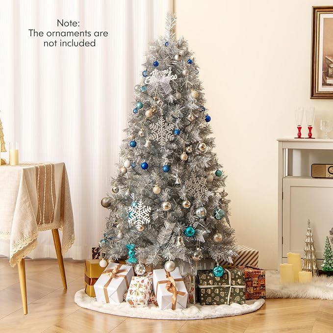 Goplus 5ft Pre-Lit Silver Tinsel Christmas Tree, Artificial Xmas Tree with 385 Branch Tips, 170 Warm White LED Lights, Upgraded Metal Stand, for Home Office Decor