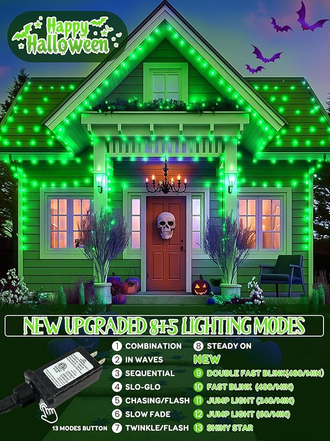 Upgraded 250LED C6 Connectable Halloween String Lights, 82FT Waterproof Green Lights for Outside, Fairy Twinkle Light Plug in with 13 Modes & Timer for Outdoor Indoor Party Tree Halloween Decorations
