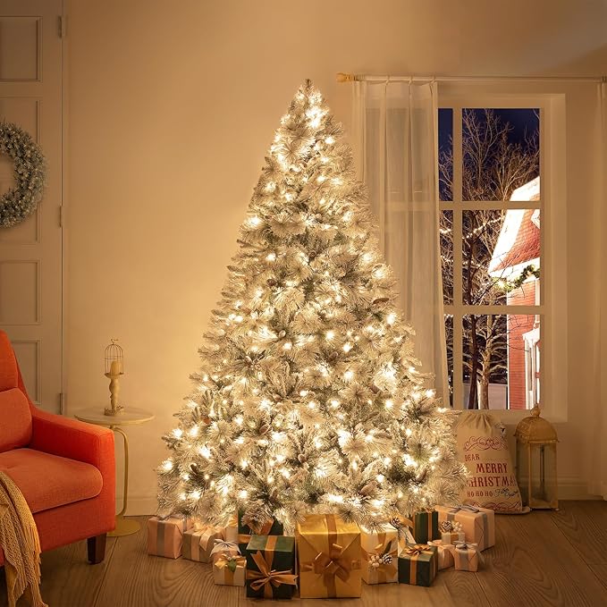 Glasgow 6.5ft Frosted Prelit Artificial Christmas Tree with Pine Cones, Foot Pedal, 1040 Branch Tips, 650 Warm Lights & Metal Stand, 56" Wide Realistic Snow Flocked Pine Christmas Tree with Lights