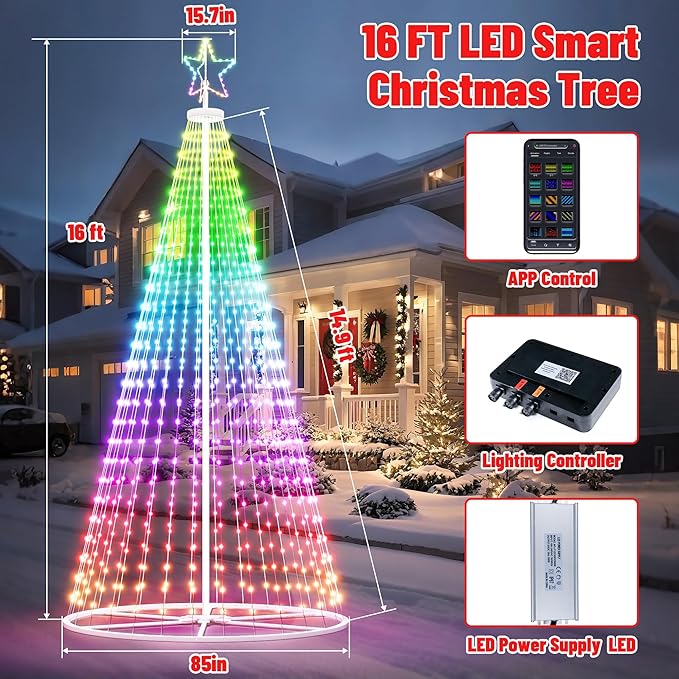 16FT Outdoor Christmas Tree - Smart Christmas Tree Outdoor Lighted Decoration, X-mas Star Tree Bluetooth App Control Color Changing DIY X-mas Tree Light for Yard & Garden