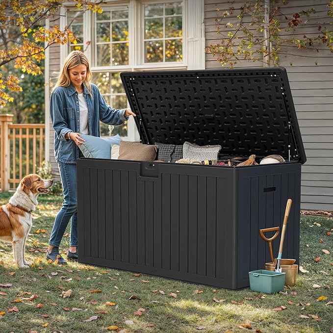 YITAHOME 200 Gallon Double-Wall Deck Box with Divider & Side Handles, Outdoor Large Storage for Patio Furniture Cushions, Garden Pool Accessories, Water Resistant & Lockable(Black)