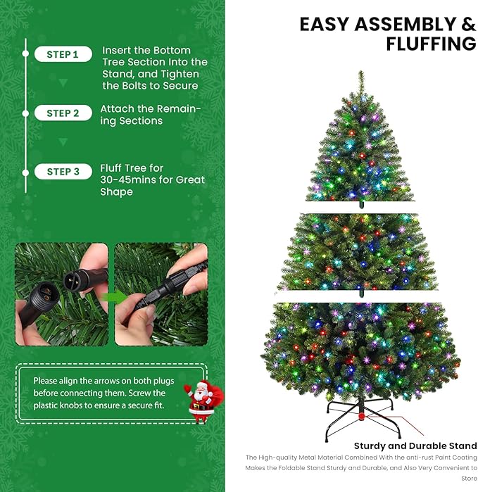 SHareconn 7ft Prelit Artificial Classic Spruce Christmas Tree with Remote Control, 400 Warm White & Multi-Color LED RGB Lights, 1062 Branch Tips, 7 FT Perfect Choice for Home Xmas Decoration, Green