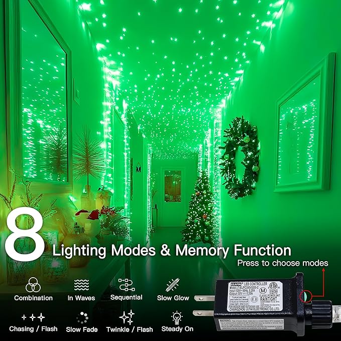 33FT 100 LEDs String Lights Waterproof Fairy Lights 8 Modes with Memory 30V UL Certified Power Supply for Home, Garden, Wedding, Party, Christmas Decoration Indoor Outdoor (Green)