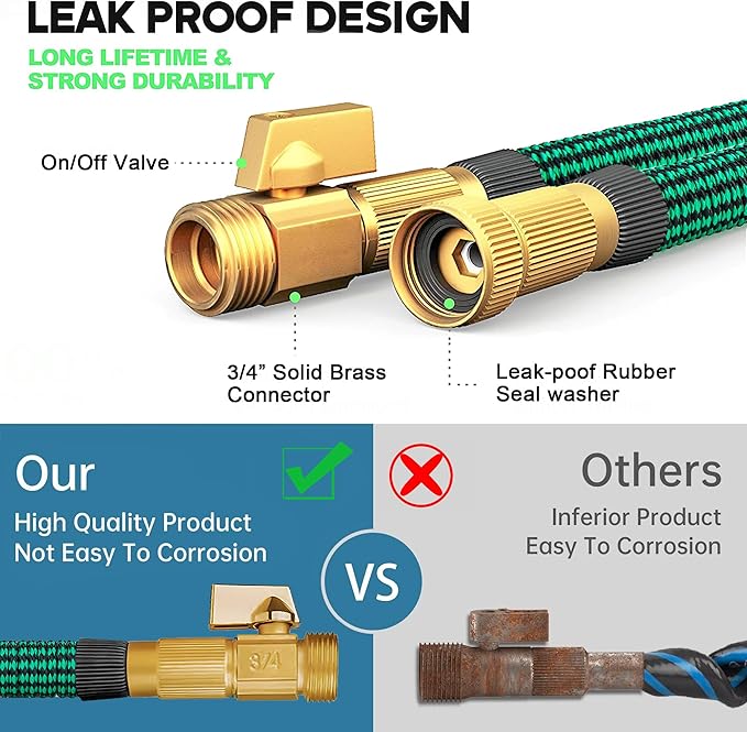 Expandable Garden Hose 100 ft Water Hose with 10 Function Spray Nozzle, Lightweight Flexible Hose with 3/4 Inch Solid Fittings and 3-Layer Latex Core, 100ft Retractable Stretch Hose, Green & Black