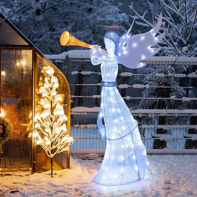 Tangkula 5 FT Christmas Angel with Trumpet, Outdoor Xmas Pre-Lit Angel with Halo, Wings & 100 LED Lights, Ground Stakes & Zip Ties Included, Lighted Winged Holiday Figure for Home, Yard