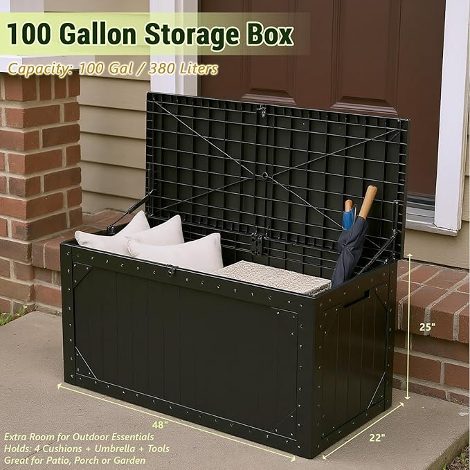 100 Gallon Outdoor Storage Box Waterproof Lockable Resin Deck Box Large, Patio Storage Bin for Pool Accessories Cushion Furniture, Garden Tools, UV-Resistant Outside Delivery Black