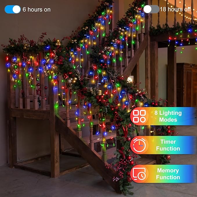 1296LED Christmas Lights with 288 Drops, 131ft Christmas String Lights with 8 Modes, Waterproof Outdoor Decorations Fairy Lights with Timer Memory for Xmas Party Patio Window Fence Multicolor