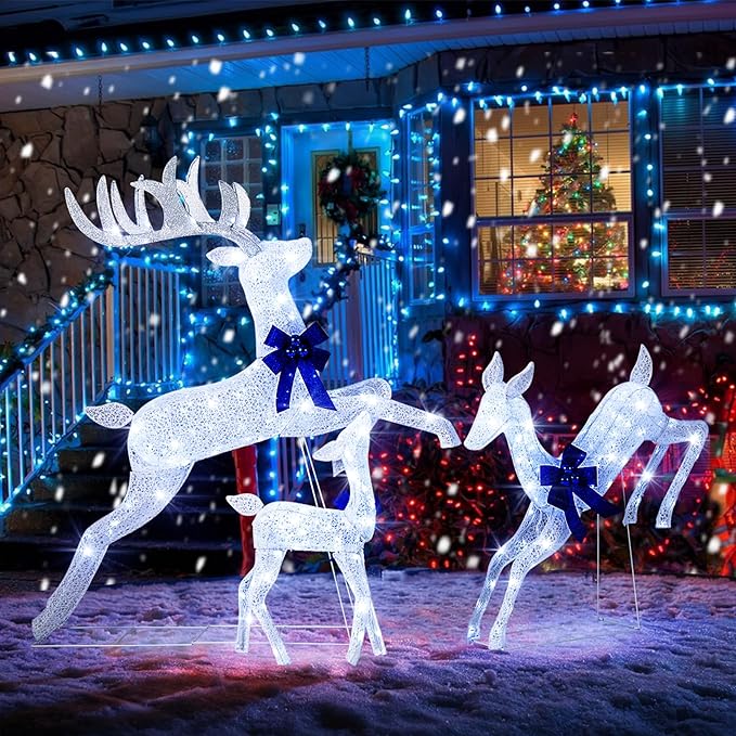 Tangkula 3 Pieces Lighted Christmas Reindeer, Holiday Reindeer Family Set with 255 Cold White Lights, Stakes, Indoor Outdoor Lighted Christmas Decoration for Lawn Yard Garden (White)
