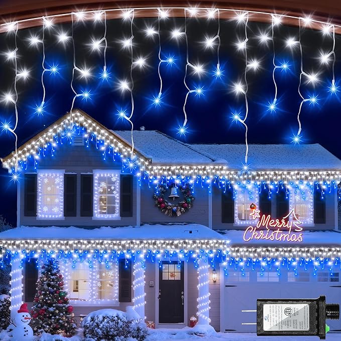 612 LED 60ft Christmas Lights with 136 Drops, 12 Lighting Modes Blue & White Christmas Decoration Twinkling Lights Dimmable, Timer Outdoor Waterproof Fairy Lights for Indoor Garden House Eaves Roof