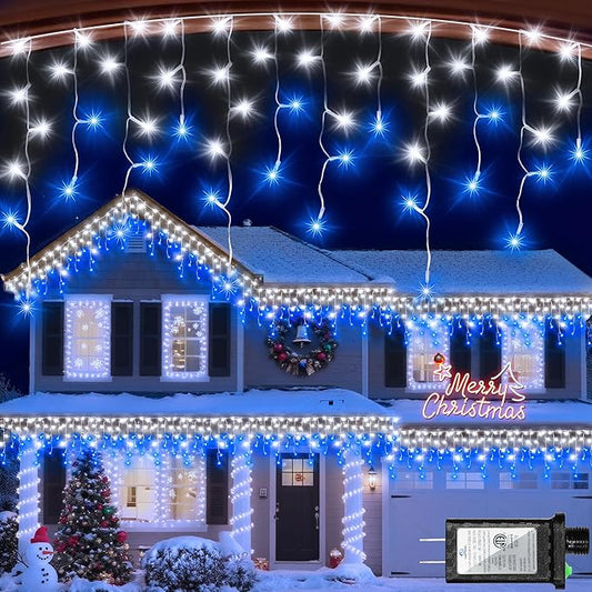 612 LED 60ft Christmas Lights with 136 Drops, 12 Lighting Modes Blue & White Christmas Decoration Twinkling Lights Dimmable, Timer Outdoor Waterproof Fairy Lights for Indoor Garden House Eaves Roof