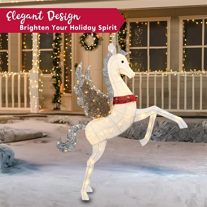 4.7ft Lighted Unicorn Outdoor Christmas Decorations for Yard Lawn Garden, Large 3D Weatherproof Light up Unicorn with 140 LED Lights, Ground Stakes Zip Ties, Outside Indoor