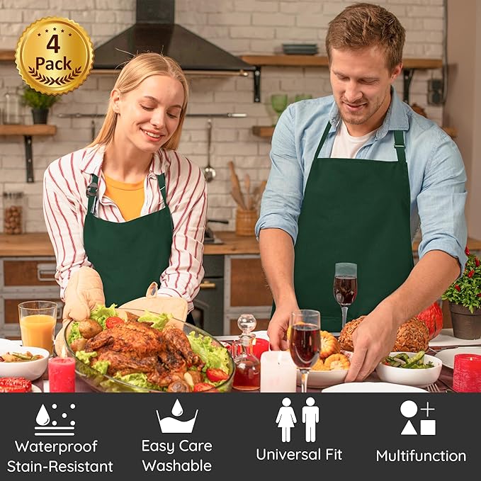4 Pack Chef Apron, Waterproof Apron, Adjustable Apron with 2 Pockets for Men Women, Apron for Cooking Baking Restaurant(Green)