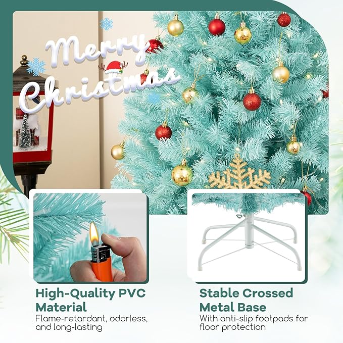 Goplus 6 FT Blue Pre-Lit Christmas Tree, Artificial Hinged Xmas Full Tree with 280 Warm White LED Lights, 758 Lush Branch Tips, Foldable Metal Stand, for Seasonal Home Office Decoration