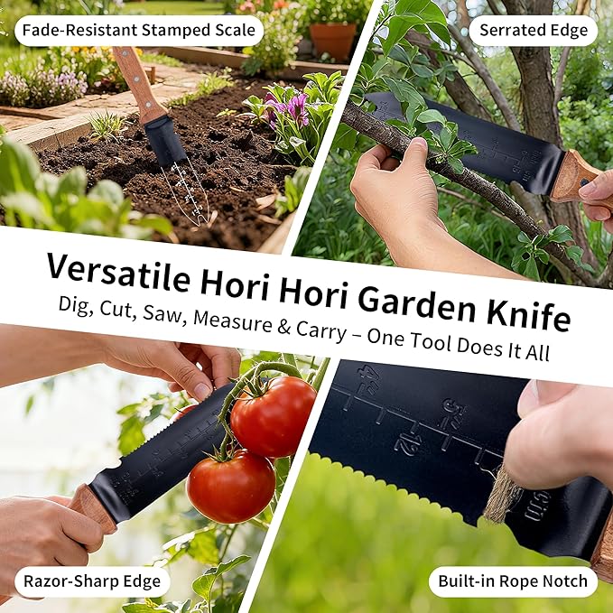 YANG Hori Hori Garden Knife, 7" Stainless Steel Gardening Knife with Oxford Cloth Sheath, Full Tang Beechwood Handle EDC Garden Tool for Dividing Plants & Weeding, Forked Tip for Transplanting