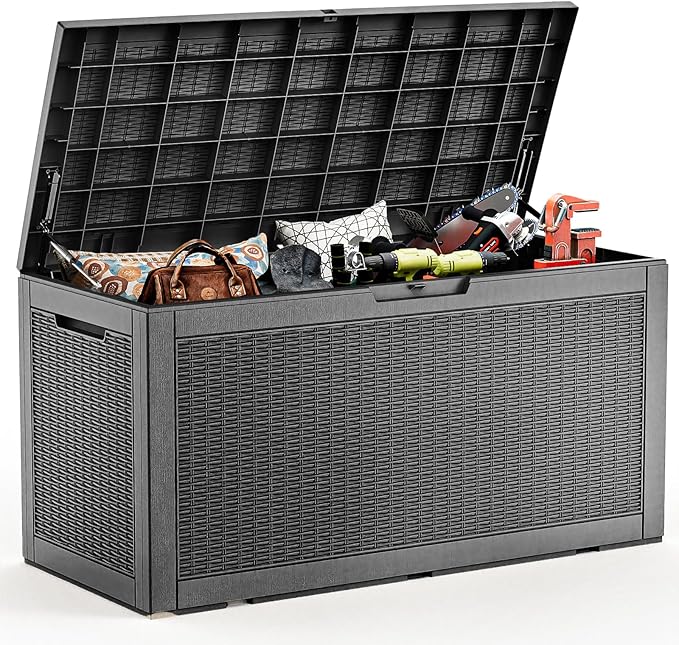 EasyUp 102 Gallon Outdoor Storage Box Waterproof, UV Resistant Resin Deck Box with Hydraulic Rod, Lockable Design and Enhanced Durability for Patio, Garden, and Poolside Use