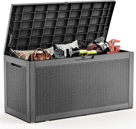 EasyUp 102 Gallon Outdoor Storage Box Waterproof, UV Resistant Resin Deck Box with Hydraulic Rod, Lockable Design and Enhanced Durability for Patio, Garden, and Poolside Use