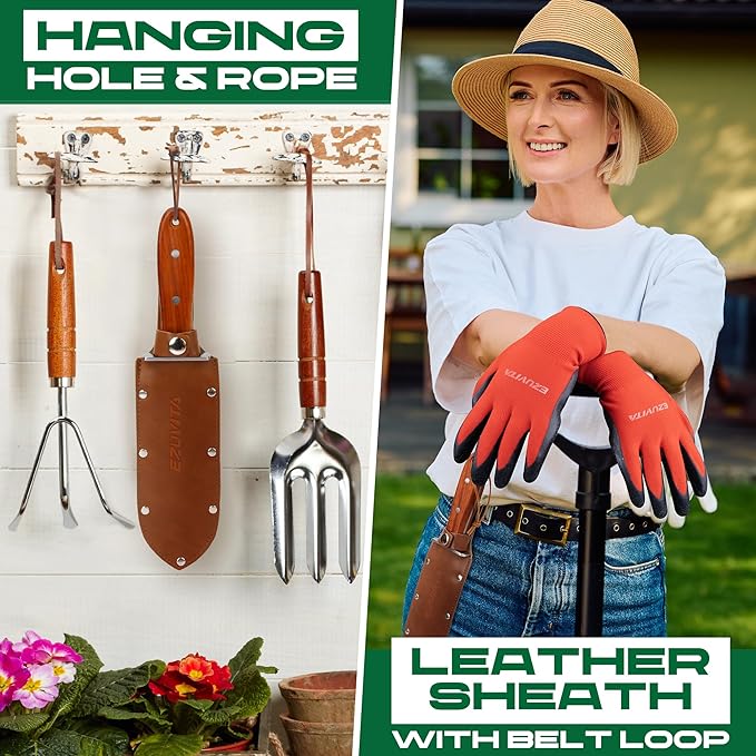 Hori Hori Garden Knife, Gardening Tools with Leather Sheath for Weeding, Gardening, Digging, 7” Stainless Steel Blade with Double Cutting Edge, Full Tang Wood Handle with Hanging Hole