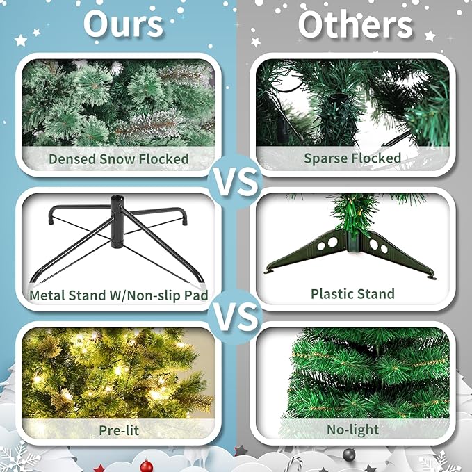 Arlopu 6ft Pre-lit Artificial Cashmere Christmas Tree, Snow Flocked Prelighted Pine Needle Xmas Tree, W/Warm White Lights, Tips, Foldable Metal Base for Home Store Party Holiday Decoration
