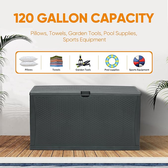 125 Gallon Resin Deck Box, Weatherproof Outdoor Storage Box for Patio, Garden, Pool, and Yard, Lockable Waterproof Bin for Tools, Cushions, and Accessories, Grey