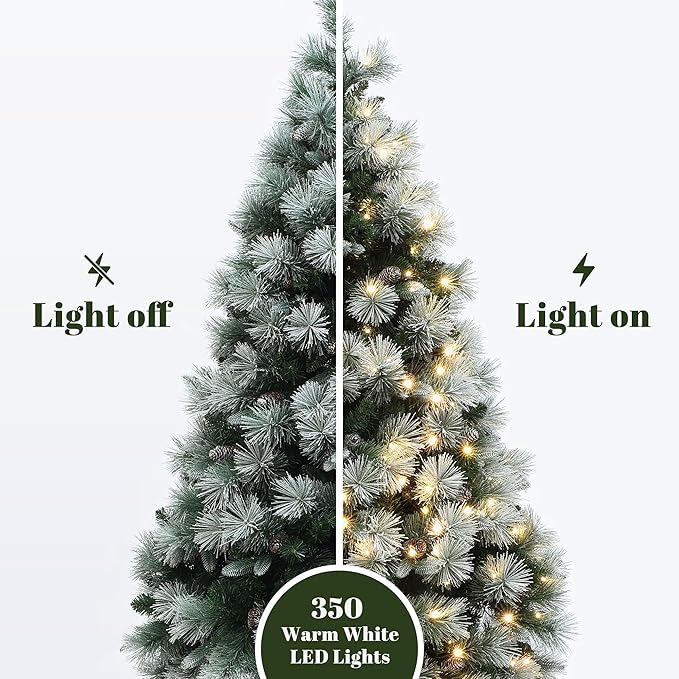 LuxenHome 6FT Christmas Tree with Lights, Full Flocked Artificial Christmas Tree with 350 LED Lights and Pinecone, and Snow Flocked Branches, Prelit Pine Tree for Indoor, Outdoor Holiday Décor