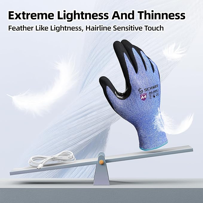 Schwer A4 AIR-SKIN Cut Resistant Work Gloves AR3900 with Extreme Lightweight & Thin, Grip Gloves for Fishing, Refined Work, Mechanic, Gardening, Touch-Screen, Non-PFAS, 3D-Comfort Fit, 2 Pairs, L