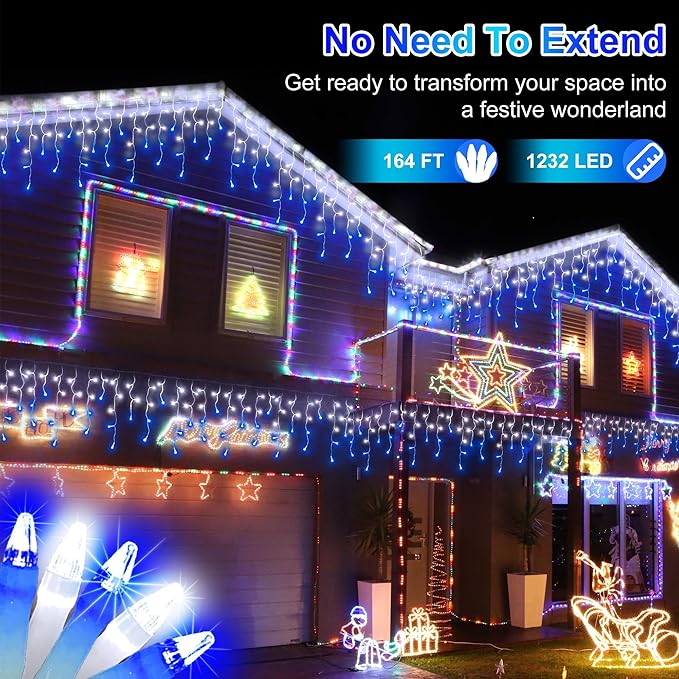 1296LED Christmas Lights with 288 Drops, 131ft 8 Modes Christmas String Lights Outdoor, Waterproof Christmas Decorations Fairy Lights with Timer Memory for Party Patio Window Fence Blue & CoolWhite