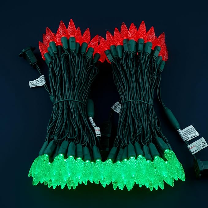 YULETIME Red and Green One-Piece C6 Strawberry Christmas Lights 140 Count 71 Feet, 2 Sets 70 LED 35.5 ft High Waterproof UL Certified String Light (Red & Green)