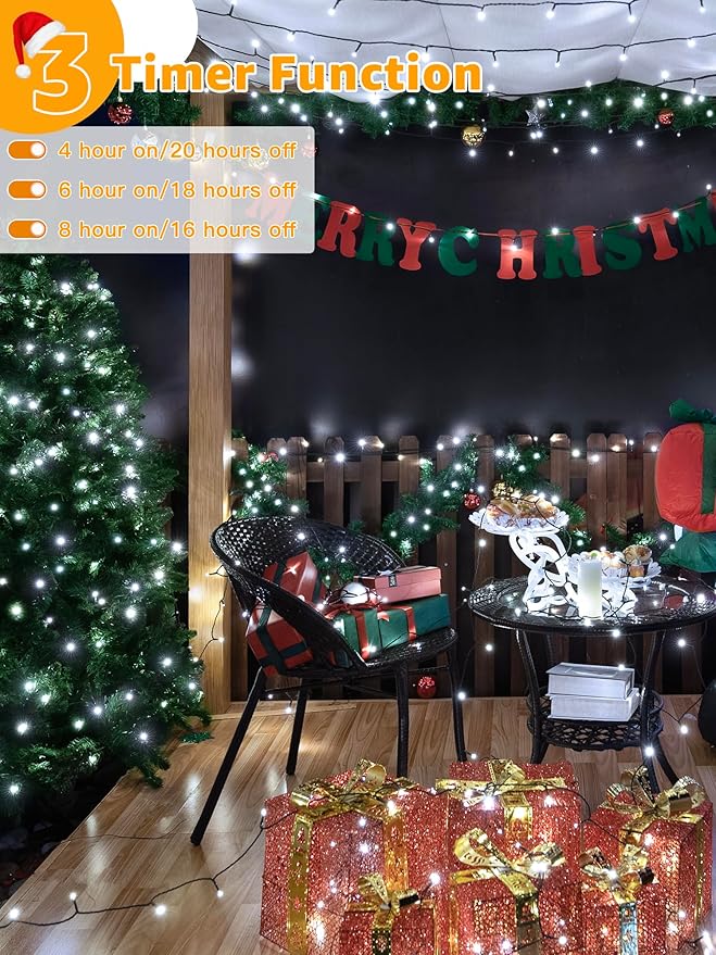 1000 LED 328 FT Outdoor String Lights with Remote and Timer, Dimmable with 8 Modes, Waterproof, Cool White Fairy Lights for Christmas Tree & Holiday Decor