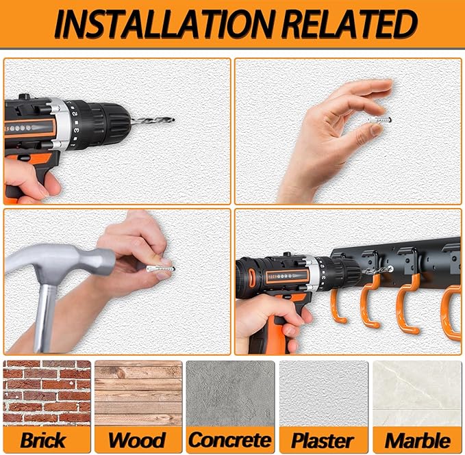 3-H 6×16" All Metal Garden Tool Organizer, Garage Tool Organizer, Broom Holder Wall Mount for Garage, Shed, Garden, Basement Hanging and Organizing Rake, Mop, Shovel, Hose