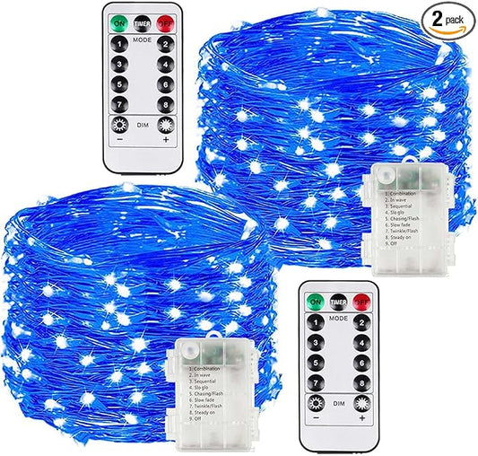 2 Pack 33FT 100LED Christmas Battery Operated Fairy Lights with Remote, Waterproof Battery Christmas Twinkle Light with Timer, String Lights for Bedroom Christmas Decorations (Blue)