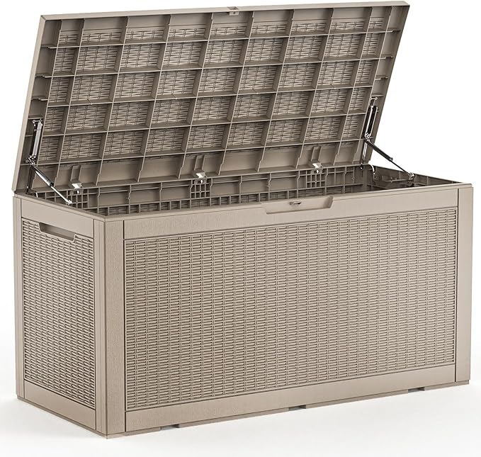 EasyUp 102 Gallon Outdoor Storage Box Waterproof, UV Resistant Resin Deck Box with Hydraulic Rod, Lockable Design and Enhanced Durability for Patio, Garden, and Poolside Use