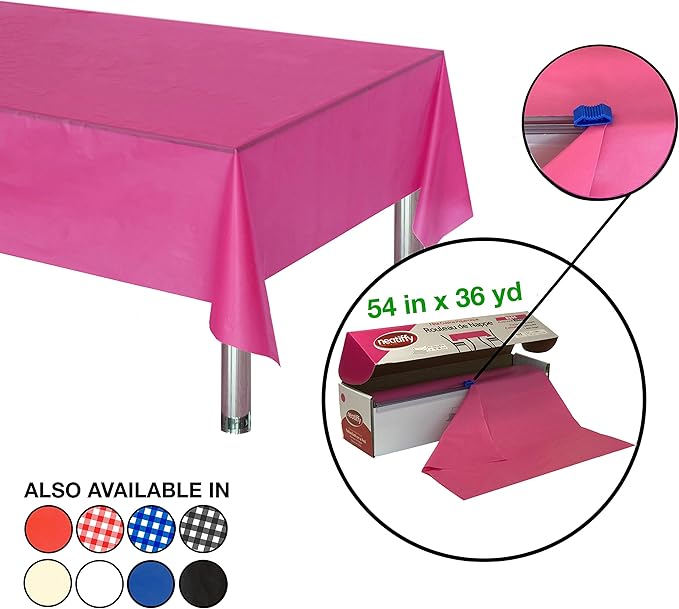 Neatiffy Disposable Plastic Table Cloth Roll | 54 in x 108 Ft Waterproof Tablecloth | Table Cover for Rectangle, Square, Round Oval Tables | Picnic, Party, Banquet, Birthdays, Weddings - Pink