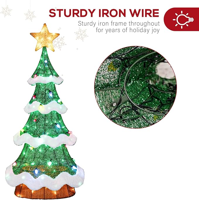 Hykolity 5 ft. Christmas Tree with Star Topper, Metal Frame Outdoor Decor, Multi-Color Bulbs + Green LEDs, Lighted Holiday Displays