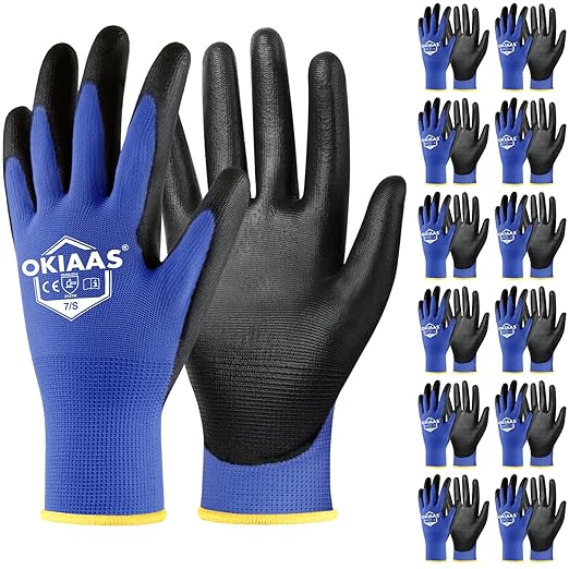 OKIAAS Work Gloves for Men，Ultra Thin and Lightweight Working Gloves with Grip, 12 Pairs Bulk Pack with Polyurethane Coating, for Light Duty Work (Blue, Small)