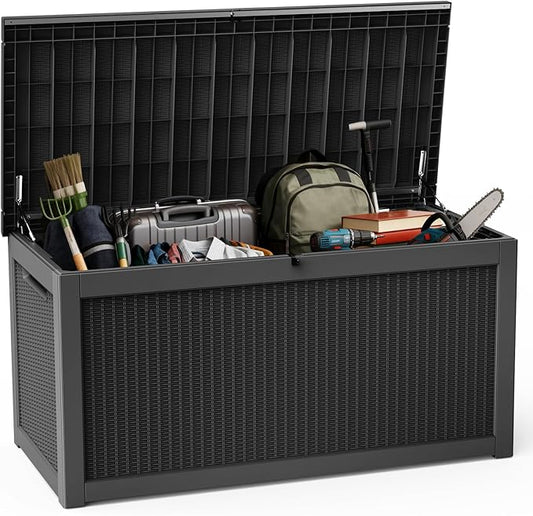 DRATO 260 Gallon Deck Box, Outdoor Large Waterproof Resin Storage Box with Lockable Lid for Patio Cushions, Gardening Tools, Black