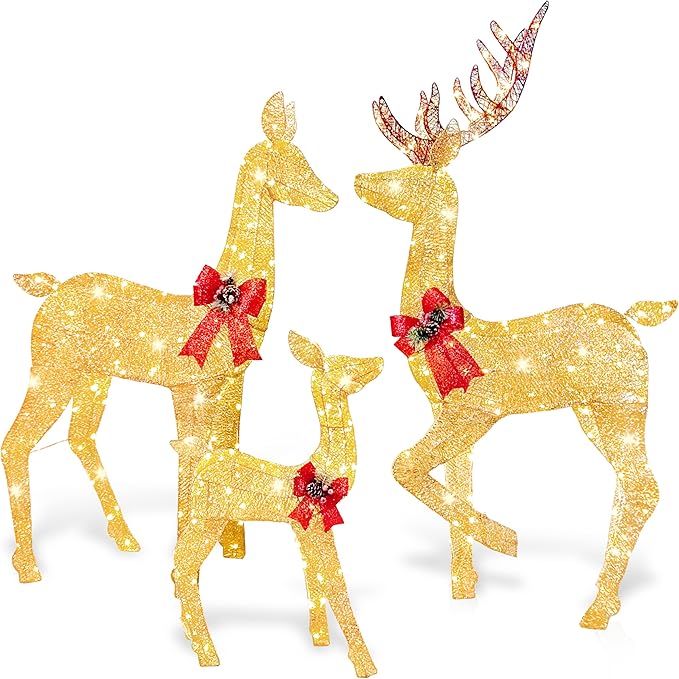 Joiedomi 3 Packs Christmas Decoration Deer Family, 360 LED Lighted Rattan Reindeers Yard Lights, Christmas Outdoor Decorations for Yard Garden Lawn, Xmas Decor, Golden Reindeer