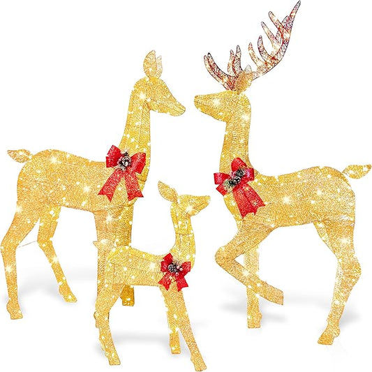 Joiedomi 3 Packs Christmas Decoration Deer Family, 360 LED Lighted Rattan Reindeers Yard Lights, Christmas Outdoor Decorations for Yard Garden Lawn, Xmas Decor, Golden Reindeer